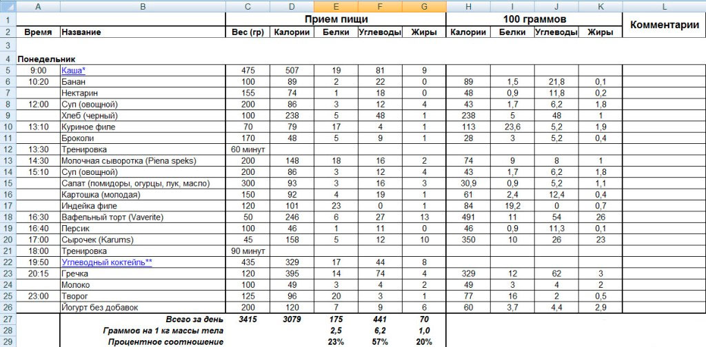 Dnevnik trenirovok v excel